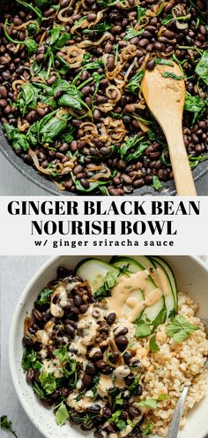 black bean and nourish bowl with spinach, cucumber, and rice