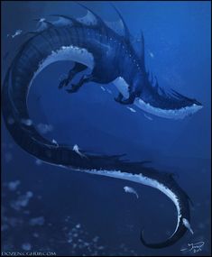 two large black and white dragon swimming in the ocean with water around them, one is biting another's tail