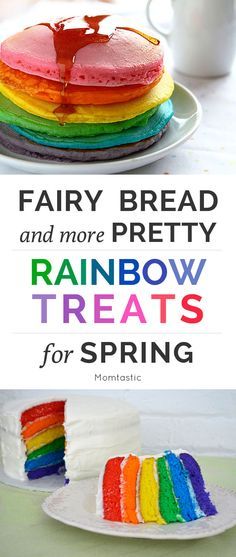 rainbow treats for spring with text overlay reading fairy bread and more pretty rainbow treats for spring