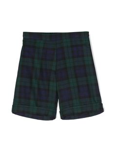 dark green/navy blue cotton blend tartan check pattern rear elasticated waistband straight leg turn-up hem Green Cotton Fall Shorts, Summer School Uniform Cotton Bottoms, Green Short Bottoms For Fall, Preppy Short-length Bottoms For Fall, Preppy Short Bottoms For Fall, Preppy Short Length Bottoms For Fall, Green Short Fall Bottoms, Cotton School Uniform Bottoms Short Length, Cotton School Uniform Bottoms In Short Length