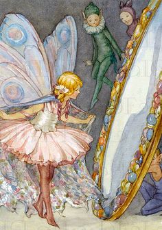 the fairy is looking at her reflection in the mirror