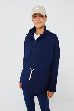 Navy Cinched Quarter Zip Pullover Sporty Funnel Neck Top For Loungewear, Sporty Top With Funnel Neck And Ribbed Cuffs, Sporty Funnel Neck Top With Ribbed Cuffs, Sporty Tops With Funnel Neck And Ribbed Cuffs, Sportswear Tops With Drawstring For Sports, Drawstring Sportswear Tops, Sportswear Tops With Drawstring, Oversized Drawstring Sweatshirt For Loungewear, Sporty Drawstring Sweatshirt For Loungewear