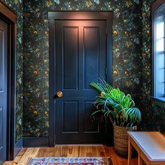 a black door in the corner of a room with a rug and potted plant