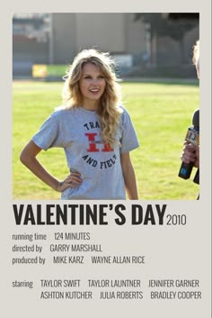 a poster for valentine's day with a woman standing in front of the camera