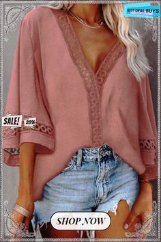 Hollolw V Neck Loose Blouse Solid Bohemian V-neck Blouse, Bohemian V-neck Solid Color Blouse, Solid Color V-neck Blouse For Vacation, Bohemian V-neck Top, Non-stretch V-neck Blouse For The Beach, Loose Blouse, Ladies Tops Fashion, V Neck, Best Deals