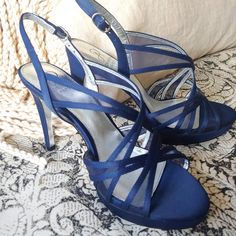 Absolutely Stunning Nwt Adrianna Papell Navy High Heel Shoes - Never Worn. Satin Straps With Chic Mesh Between Straps. Silver Adjustable Buckle And Silver Inner Shoe Lining. 1 Inch Platform And 5 Inch Stiletto Heel. Size 8 1/2. Original Box And Packaging. Blue Open Toe Sandals For Gala, Blue High Heel Sandals For Gala, Elegant High Heel Blue Sandals, Elegant Blue Sandals With 4-inch Heel, Elegant Blue Sandals With Padded Heel, Blue Ankle Strap Sandals For Gala, Blue Open Heel Heels For Gala, Blue Fitted Heels For Gala, Chic Blue Heels For Gala