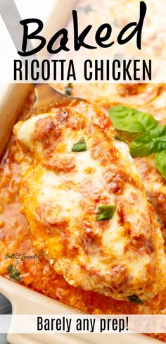 a baking dish with chicken and text overlay that reads baked ricotta chicken - barely any prep! Ricotta Chicken, Ricotta Stuffed Chicken, Baked Ricotta, Chicken Breast Recipes Baked, Ricotta Recipes, Chicken Recipes Casserole, Chicken Dishes Recipes