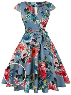 In need of a few more flowers, gals??Cast in adorable flowers print, this darling 1950s silhouette boasts a princess seamed bodice, secured by cap sleeve that provides a fabulous fit to your feminine form.?Turn back your fashion clock to the midst of the 1950s, where feminine chic reigned supreme, and dresses oozed pure elegance and seduction. Shipping Fee: Free Shipping (Except For Remote Areas)Material: CottonColor: BlueLength: Mid-Calf LengthStretch: Little StretchZipper: Back ZipperPackage C Short Sleeve Floral Print 1950s Dress, 1950s Style Floral Print Short Sleeve Dresses, 1950s Style Short Sleeve Floral Dress, 1950s Style Floral Print Vintage Dress, Vintage Light Blue Dress For Garden Party, Blue Floral Print Vintage Dress, Fitted Vintage Blue Dress With Floral Print, Elegant Skirt Outfits, Off Shoulder Lace Dress