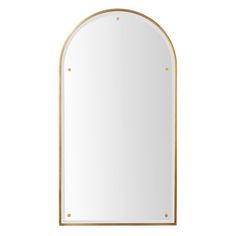 an arch shaped mirror with gold trimmings on the edges and bottom, against a white background