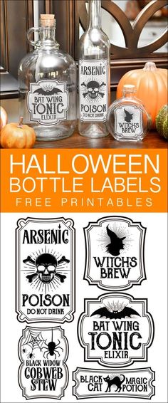 halloween bottle labels with pumpkins and bats