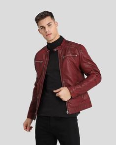 Mens Ben Red Biker Leather Jacket - NYC Leather Jackets Leather Shorts Women, Short Leather Skirts, Leather Jackets Online, Jacket Store, Biker Leather Jacket, Leather Jumpsuit, Sheepskin Jacket, Studded Jacket, Western Jacket