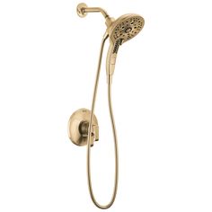 thermostaer with shower head and handset in brushed brass finish by delta