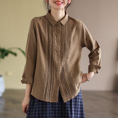 Women Spring Retro Long Sleeve Stripe Cotton Blouse Mar 2022 New Arrival One Size Brown Men Plus Size, Color Block Top, Denim And Lace, Blouse Material, Dresses By Length, Vacation Dresses, Daily Dress, Cotton Blouse, Skirt Leggings