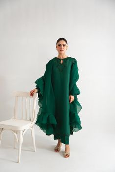 Hina Scallop Elegant Green Palazzo Set For Festive Occasions, Elegant Green Festive Palazzo Set, Elegant Green Georgette Unstitched Suit, Green Georgette Unstitched Suit For Designer Wear, Green Organza Sharara With Dabka Work, Elegant Green Palazzo Set With Sheer Dupatta, Green Raw Silk Dress With Sheer Dupatta, Green Organza Anarkali Set With Cutdana, Elegant Green Tissue Silk Anarkali Set