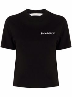 Black cotton logo-print short-sleeve T-shirt from PALM ANGELS featuring logo print at the chest, round neck, short sleeves and straight hem. Angels Logo, Airport Fashion, Classic Logo, Cotton Logo, Palm Angels, Jersey Shirt, Workout Tee, Logo Print, Printed Shorts