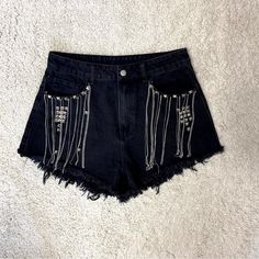 Shein Black Denim Shorts With Silvertone Fringe Size Large New Without Tags Smoke Free Home Offers Welcome Bundle And Save Cross Listed Punk High-waisted Denim Jean Shorts, Punk High Waist Denim Jean Shorts, Punk Style High Waist Denim Jean Shorts, Denim Rock Bottoms For Streetwear, Punk High Waist Denim Shorts, Punk High-waisted Denim Shorts, Rock Style Denim Bottoms For Streetwear, Punk Style High Waist Denim Shorts, Trendy Black Jeans For Concert