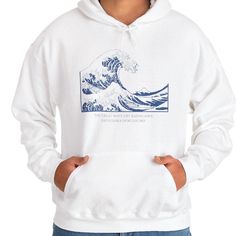 The Great Wave off Kanagawa White Unisex Hoodie. This hooded sweatshirt is made with a thick blend of cotton and polyester. It feels plush, soft and warm, a perfect choice for any cold day.  💚CHOOSING A SIZE Please check the size guide in the listing images carefully and be sure to measure yourself before placing an order. All our items are made to order, and so we are unable to accept returns due to ordering the wrong size. Please note these are unisex sizes, and if you would prefer a more fitted look, please go one size down. 💚OUR TURNAROUND TIME * Each product is made especially for you as soon as you place an order, and our processing time is 2-5 working days. 💚CARE INSTRUCTIONS *Tumble dry: medium *Iron, steam or dry: low heat  *Do not dryclean *Machine wash: cold (max 30C or 90F) Artistic Cotton Sweatshirt For Winter, Artistic Cotton Hooded Hoodie, Artistic Cotton Hoodie, Surfer Clothing, The Great Wave, Great Wave Off Kanagawa, Great Wave, Cold Day, Hooded Sweatshirt