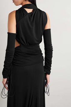 Elastane Ruched Tops For Night Out, Night Out Cutout Tops, Chic Draped Elastane Tops, Cutout Tops For Night Out, Elastane Cutout Tops For Night Out, Ruched Draped Elastane Top, Draped Evening Tops, Ruched Draped Top In Elastane, Draped Elastane Tops For Night Out