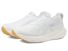 ASICS GEL-Nimbus(r) 25 - Men's Shoes : White/White : Perfect for covering longer miles, the ASICS GEL-Nimbus 25 Road Running Shoes offer you a comfortable ride every time. Engineered knit upper offers enhanced breathability. Polyester mesh lining. OrthoLite X-55 sockliner improves comfort and gives you a luxurious feel. Removable, cushioned insole. FF BLAST (FLYTEFOAM BLAST) ECO PLUS technology offers lightweight comfort and cushioning on the midsole, giving you energetic and responsive bounce. Lightweight Cushioned Running Shoes For Sports, Lightweight Low-top Running Shoes For Athleisure, Sporty Lightweight White Running Shoes, Sporty White Lightweight Running Shoes, Lightweight Cushioned Athleisure Running Shoes, White Lightweight Low-top Running Shoes, Lightweight Running Shoes With Branded Insole For Sports, Lightweight Low-top Running Shoes With Cushioned Footbed, White Lightweight Athleisure Sneakers