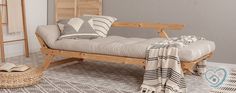 a day bed sitting on top of a rug next to a wooden shelf filled with books