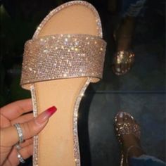 Size: 7 In Women Color/ Style Description: Tan With A Rhinestones Strap Over The Toes And Rhinestone Outline. Condition: Never Worn. Bling Flip Flops, Rhinestone Slides, Sparkle Sandals, Mode Rose, Womens Gladiator Sandals, Rhinestone Flats, Womens Sandals Summer, Crystal Shoes, Rhinestone Sandals