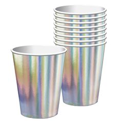 a set of six hologized paper cups with different colors and designs on them