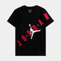 The Jordan Boys Stretch Out Tee is a must-have for any Jordan fan. This shirt is embellished with an enlarged Jumpman front graphic. Black Embroidered T-shirt For Streetwear, Graphic Tee With Embroidered Graphics For Streetwear, Casual Streetwear Shirt With Embroidered Graphics, Black Sporty Shirt With Logo Print, Sporty Black Shirt With Logo Print, Summer Black Shirt With Letter Print, Black Summer Shirt With Letter Print, Black Sporty Top With Text Print, Sporty Black Top With Text Print