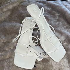 Zara Heeled Sandal In White, Size 42 (Us 11); Nwt, Msrp $60. White Strappy Heels For Vacation, White Slingback Sandals With Heel Strap For Spring, White Strappy Beach Heels, White Strappy Heels For Beach, Casual White Strappy Heels, White Strappy Sandals With Heel Strap, White Strappy Sandals For Summer, White Heels With Single Toe Strap For Summer, White Single Toe Strap Heels For Summer