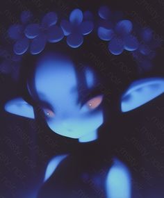 an alien with glowing eyes and blue skin is seen in the dark, surrounded by flowers