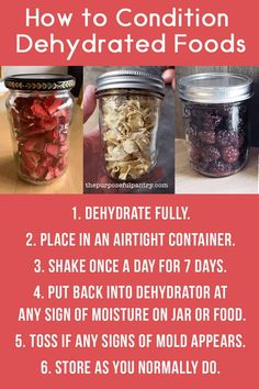 four jars filled with food and labeled how to condition dehydrated foods