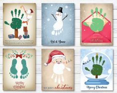 four christmas cards with handprints and snowman, santa hat, tree, gifts