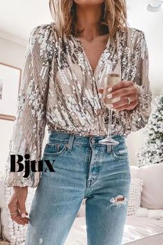 Bjux - Elegant Patchwork V Neck Tops with Party Print and Sequins Embellishments Glamorous Christmas Party Tops, Glamorous Tops For Party Season Celebrations, Elegant Christmas Party Tops, Elegant Festive Christmas Tops, Elegant Christmas Festive Tops, Sparkling Tops For Party Holidays, Sparkling Tops For Holiday Parties, Elegant Christmas Tops, Sparkling Tops For Party And Holiday Season