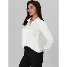 Keep your look professional and stylish in this satin shirt from Hobemty. This satin shirt can be a perfect addition to almost any outfit from formal to daily wear, great for work, meetings, office, work, casual, daily dressing, etc. Pair it with pencil skirts or suit pants for an elegant office look. Comfortable and versatile, this satin shirt can be perfect on its own or as a layer under a blazer. Elegant Satin Button-up Blouse, Elegant Solid Button-up Shirt, Elegant Satin Shirt With Button Closure, Smart Solid Color Office Shirt, Smart Office Shirt, Elegant Business Casual Shirt With Button Closure, Elegant Satin Office Shirt, Elegant Satin Shirt For Office, Elegant Business Casual Shirt