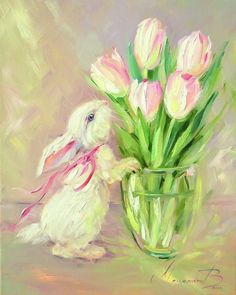 a painting of a white rabbit next to a vase with pink tulips