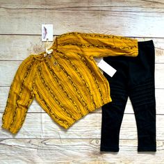 Mustard Yellow With Black Flowers Long Sleeve Blouse With Black Matching Leggings. Cute Design On Knees Yellow Leggings, On Knees, Beige Shirt, Toddler Girl Outfit, Matching Leggings, Girls Blouse, Black Flowers