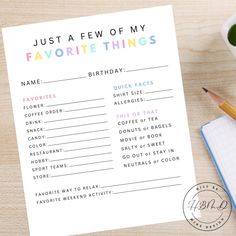 a printable birthday wish list on a desk with a cup of coffee and pencils