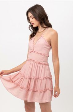 You'll look as good as you feel in the Gina Blush Pink Ruffle Mini Dress! Blush pink gauzy fabric forms this comfy and cute dress with adjustable spaghetti straps that criss-cross in the back, a deep V-neckline, and a mini skater skirt. Tiered ruffle trim, a fitted empire waist, sleeveless bodice, and A-line skirt. Hidden back zipper/clasp. DETAILS & CARE Rayon. Machine wash cold. Imported. Pink Ruffle Mini Dress, Dress Blush Pink, Skirt Tiered, Mini Skater Skirt, Bohemian Dresses, Boho Pink, Boho Chic Dress, Backless Mini Dress, Ruffle Mini Dress