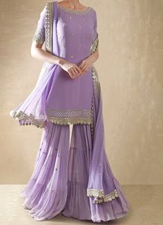 Lilac Georgette Kurta Sharara Set Renee - Fabilicious Fashion Lilac Sharara, Gharara Designs, Georgette Kurta, Sharara Designs, Kurta Sharara Set, Kurta Sharara, Salwar Kamiz, Desi Clothes, Party Wear Indian Dresses