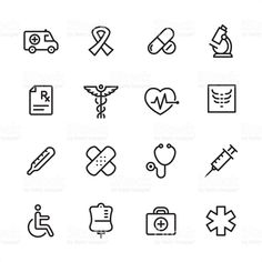 medical and health line icons on white background