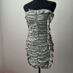 Zara Size Medium Silver Sequin Mini Dress Nwot Silver Ruched Dresses For Party Season, Silver Ruched Dress For Night Out, Chic Silver Ruched Dress, Silver Ruffled Evening Dress, Zara Dresses With Ruffles, Silver Ruffled Party Dress, Zara Fitted Sequin Mini Dress, Zara Fitted Mini Dress With Sequins, Ruched Bodycon Mini Dress