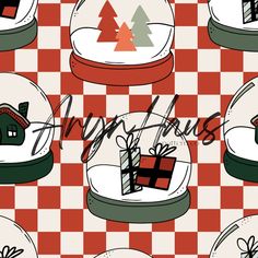 snow globes with christmas presents and trees in them on a checkered tablecloth