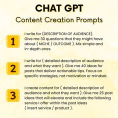 ✨ Ready to supercharge your content creation with these powerful ChatGPT prompts? This guide is perfect for online marketing, digital marketing, and social media marketing professionals looking to create high-impact posts that truly engage audiences. 

🚀 If you're a content creator or focused on content marketing, these prompts provide endless inspiration for social media posts, blog articles, and beyond. Use these prompts to keep your content strategy fresh, relevant, and effective, helping you save time while maximizing creativity. Whether your goal is to drive traffic, increase engagement, or build brand loyalty, these prompts have you covered. 

Save this for your next brainstorming session and watch your social media marketing thrive! 📌 Engaging Social Media Posts, Build Brand, Brand Loyalty, Marketing Professional, Increase Engagement, Blog Article