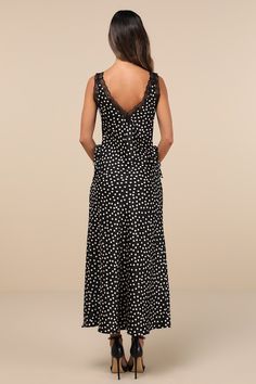 You'll be known for creating the cutest outfits when you have a winner like the Lulus Darling Reputation Black Polka Dot Lace Sleeveless Midi Dress in your wardrobe! Sleek, lightweight woven fabric boasts a classic polka dot pattern throughout as it shapes this sweet dress that features lightly gathered cups, a V-neck (and back), and wide shoulder straps. Sheer floral lace trims the neckline and straps and creates a high, empire-style waist, atop a slip-inspired silhouette with tying bow details Sleeveless Polka Dot Maxi Dress For Party, Polka Dot Sleeveless Maxi Dress For Party, Elegant Sleeveless Polka Dot Maxi Dress, Sleeveless Polka Dot Chic Maxi Dress, Polka Dot Slip Dress, Neutral Dresses, Cutest Outfits, Sleeveless Midi Dress, Lace Trims