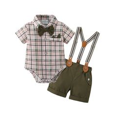 CARETOO Baby Boy Clothes Suits Shirt Plaid Suspender Shorts Pants Tie Outfit Wedding Set 0-18 Months Our clothes are made with organic cotton for a natural feel and can be fully recycled for a sustainable fashion cycle. It is suitable for both washing and dry cleaning, it is durable and does not easily fade. The fabric is incredibly soft and has excellent skin-friendly properties, making it comfortable to wear. This dress is not just an outfit; it's a special way to celebrate your child's growing-up moments, creating memories that you'll always remember. Size: 12-18 Months.  Color: Green.  Gender: male.  Age Group: infant. Bow Tie Outfit, Bowtie Outfit, Baby Suspenders, Romper Men, Tie Outfit, Suspender Shorts, Romper Long Pants, Gentleman Outfit, Matching Family Christmas Pajamas