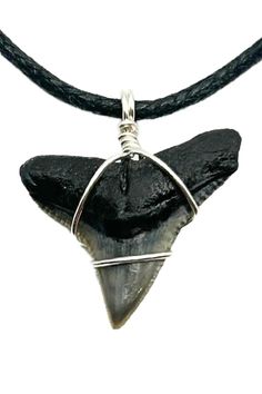 a black and white necklace with a large shark tooth pendant hanging from it's side