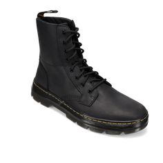 Men's Dr. Martens Combs Leather - Black Wyoming Docs leathers. Docs silhouettes. New lightweight construction. In our Casual collection, we rework our classics through a contemporary lens. These 8-eye boots are built on rugged Tract outsole with all our core DNA in place: yellow stitching and a scripted heel loop. They come with a spare set of hiker-inspired laces. DETAILS: Wyoming is a rugged leather with a subtle grain and oily finish. Clean with a damp cloth and care with Dr. Martens Wonder B Rugged Leather, Casual Athletic, Kids Sandals, Athletic Sneakers, Kids Boots, Dress Sandals, Dress With Boots, Types Of Shoes, Sneaker Boots