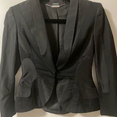 Alexander Mcqueen Black Jacket . The Material Has Lace As Shown In Pictures Designer Tailored Blazer For Evening, Fitted Black Silk Outerwear, Designer Black Silk Outerwear, Designer Silk Outerwear For Evening, Black Silk Blazer For Party, Designer Fitted Blazer For Night Out, Black Silk Outerwear For Office, Black Silk Office Outerwear, Black Jacket