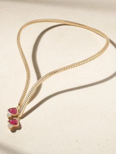 Marina B's necklace is crafted from 18-karat gold with a flexible 'Tuboga' chain that traces the natural curves of your décolletage. Honoring the designer's signature 'Trisola' styles, each end is finished with a rubellite in a curved, triangular shape that highlights the stones' natural vibrancy. The dangling diamond charms add extra sparkle. The Bling Ring, Jewelry Editorial, Diamond Charm, Natural Curves, Bling Rings, Fine Jewelry Designers, Fine Jewellery Necklace, Jewellery And Watches, Womens Jewelry Necklace