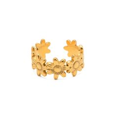 Bring summer vibes to your style with our Flowers Open Ring! Made with love and non-tarnish materials, this ring is perfect for adding a fun touch to any outfit. Feel confident and carefree with this must-have accessory. Metal: 18K Gold over Stainless Steel Size: Adjustable Stackable Jewelry As Summer Gift, Summer Stackable Jewelry As Gift, Summer Beach Jewelry Ring, Beach Summer Jewelry Ring, Summer Beach Ring Jewelry, Gold Open Ring For Summer, Trendy Gold Midi Rings, Gold Rings As Summer Gift, Gold Rings For Summer Gift