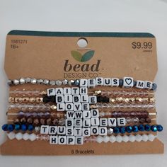 the bead design co bracelets are all different colors and sizes, with words on them